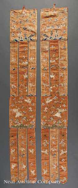 Appraisal: A Pair of Chinese Apricot Ground Embroidered Silk Banners Qing