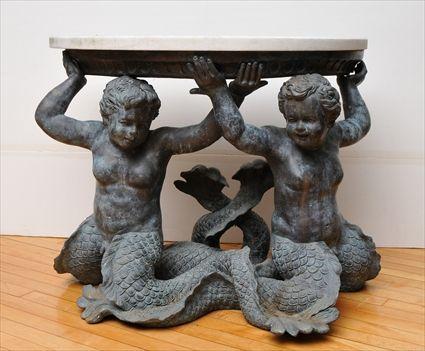 Appraisal: CONTINENTAL LIMESTONE-TOP PATINATED METAL DEMILUNE CONSOLE TABLE The d-shaped top