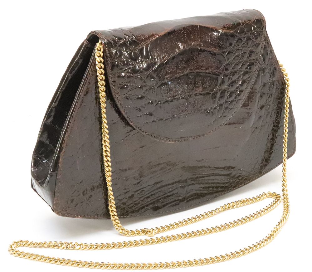 Appraisal: Franco Parmeggiani Italian Crocodile Bag Small vintage brown crocodile evening