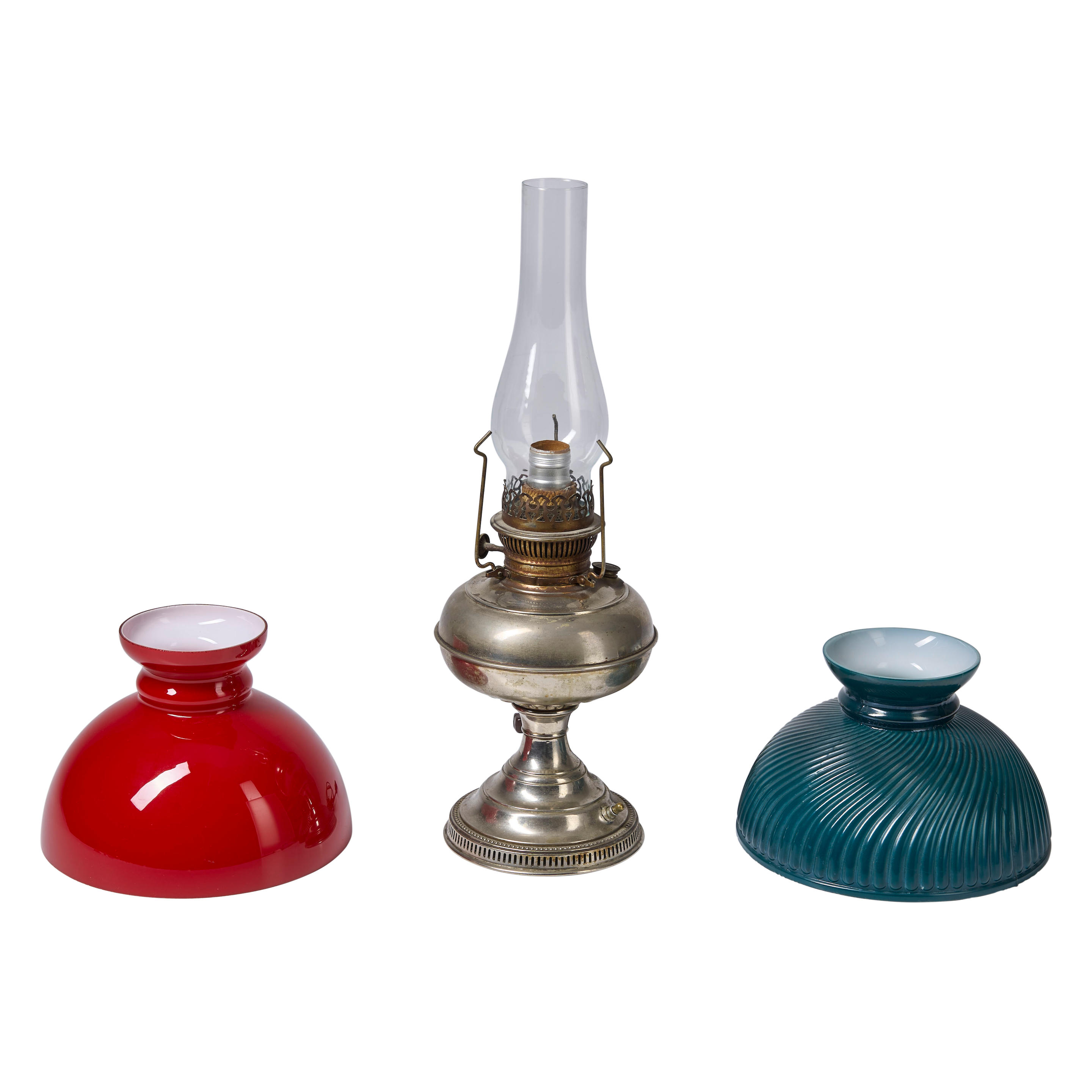 Appraisal: Electrified Oil Lamp with Two Glass Shades one red shade