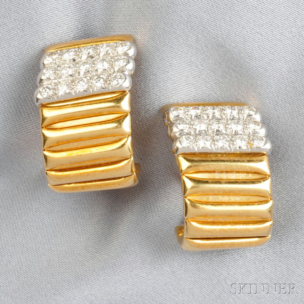 Appraisal: kt Gold Platinum and Diamond Earclips the ribbed half hoops