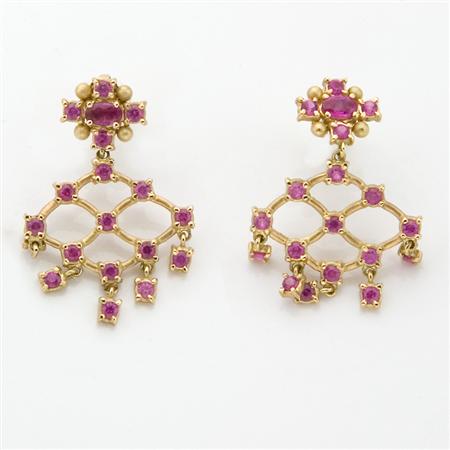 Appraisal: Pair of Gold and Pink Sapphire Pendant-Earrings Estimate -