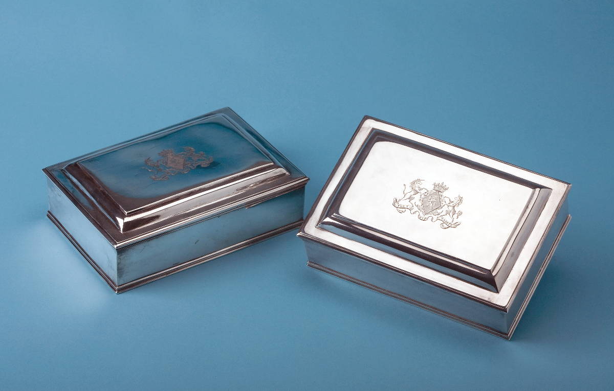 Appraisal: PAIR OF GEORGE III SILVER RECTANGULAR TABLE BOXES WILLIAM STROUD