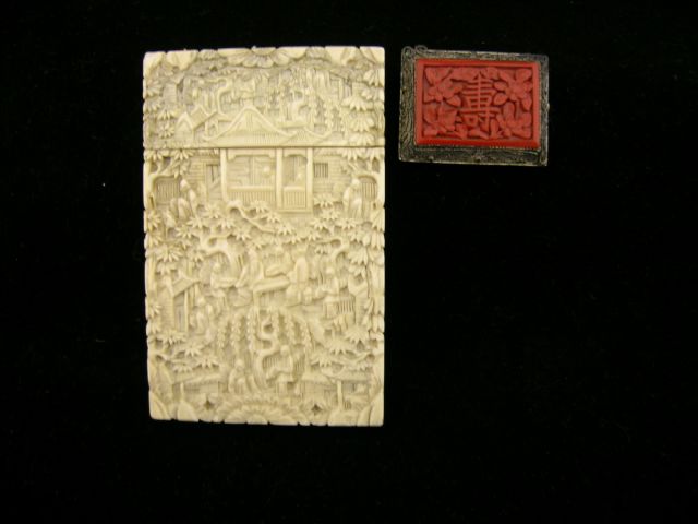 Appraisal: Vintage oriental silver bar pin with carved cinnabar insert and