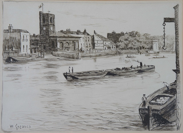 Appraisal: WALTER GREAVES - Coal barges off Cheyne Walk signed pencil