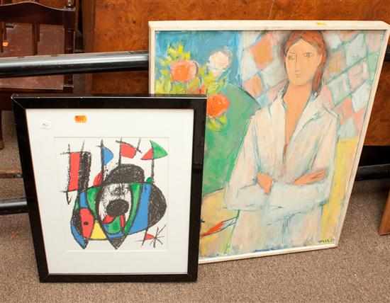 Appraisal: Joan Miro framed print and a Cuban style oil painting