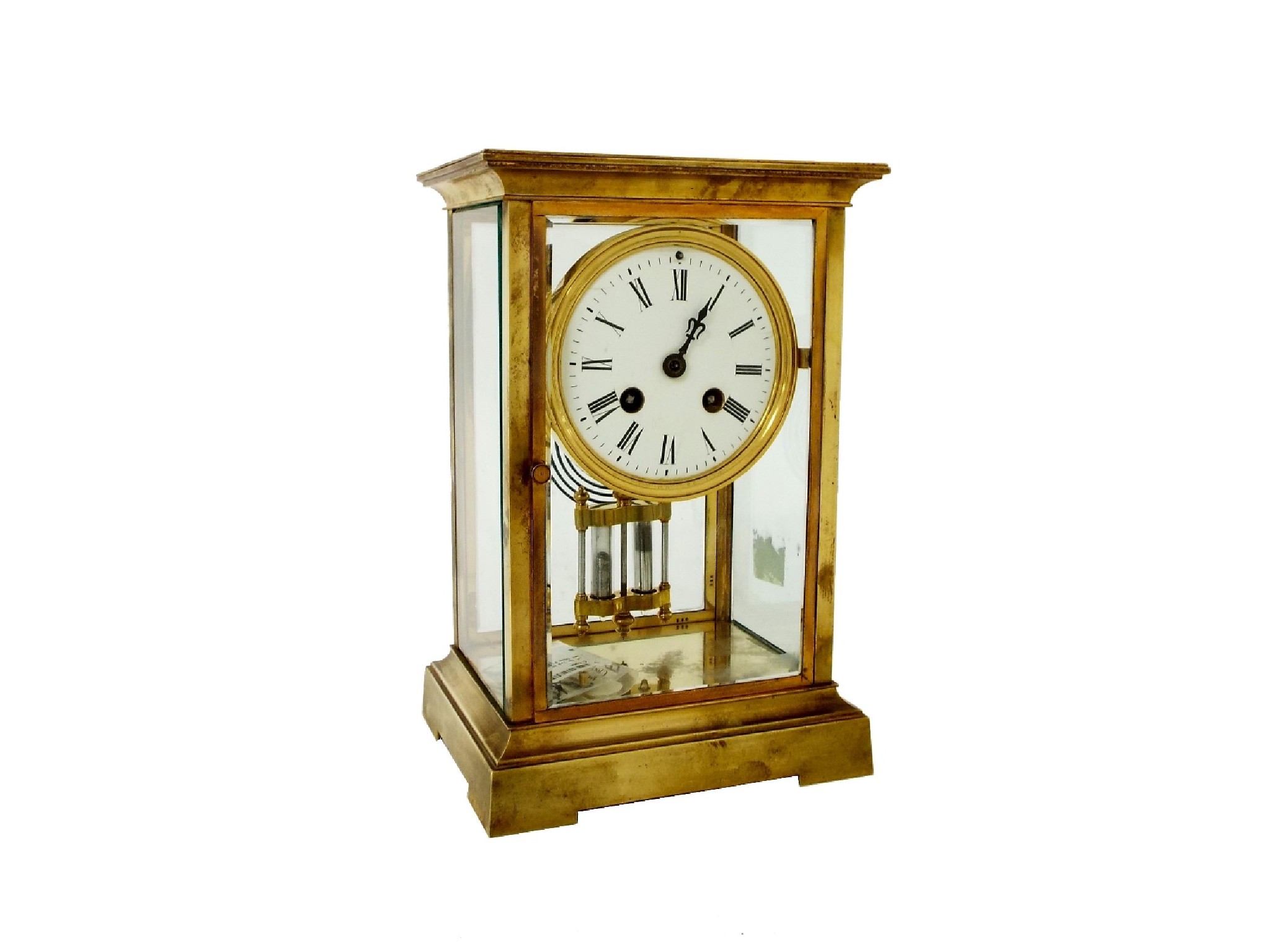 Appraisal: French brass four glass two train mantel clock striking on