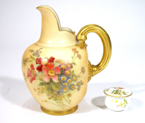 Appraisal: Royal Worcester blush ivory ground jug hand painted with a