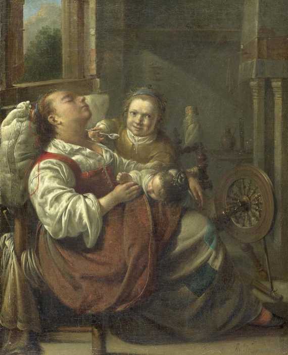 Appraisal: DUCK JACOB Utrecht Sleeping woman with two children Oil on