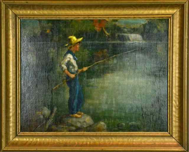 Appraisal: Attributed Adam Emory Albright Oil Painting On BoaDepicting a ''Huck