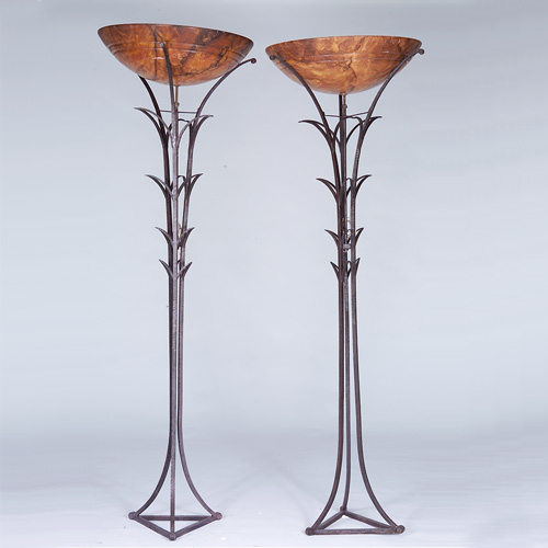 Appraisal: FRENCH ART DECO Pair of wrought-iron torcheres with red alabaster