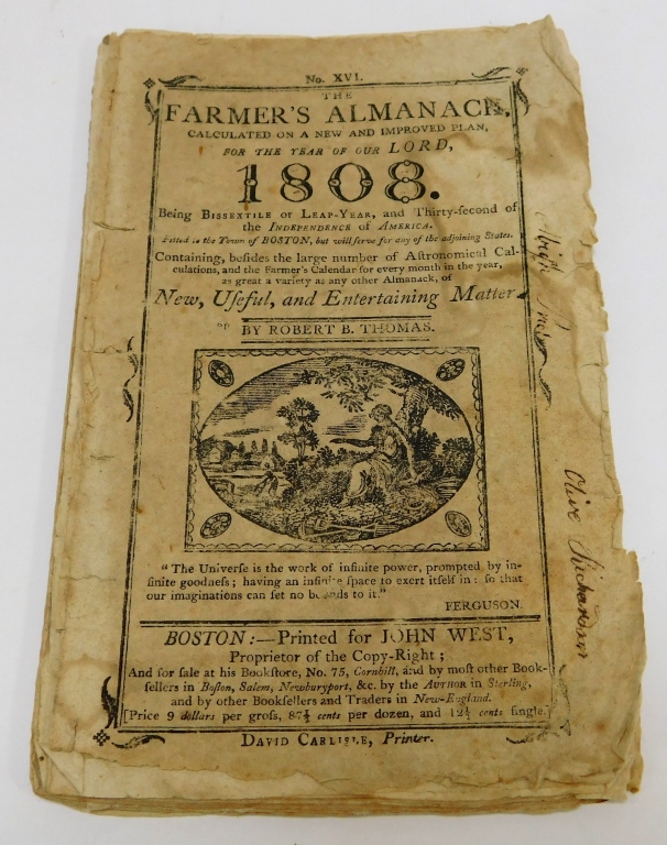 Appraisal: MASSACHUSETTS FARMER'S ALMANAC Massachusetts Printed by David Carlisle for John