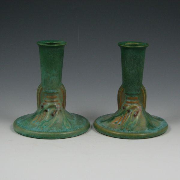 Appraisal: Roseville Laurel - candleholders pair in green Unmarked The top