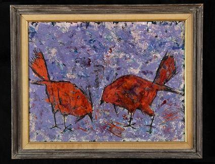 Appraisal: CONTINENTAL SCHOOL RED BIRDS ON LAVENDER GROUND Oil on masonite