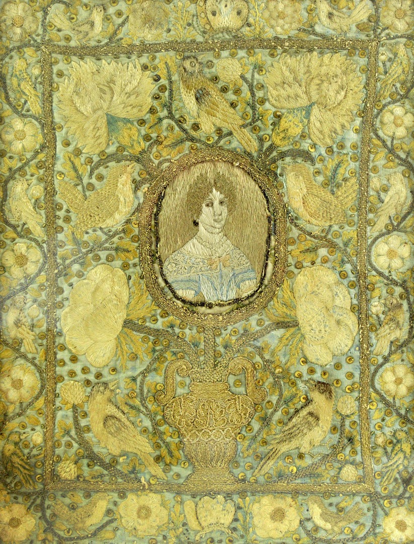 Appraisal: A needlework panel circa worked in coloured silks and metallic