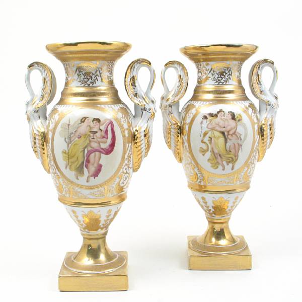 Appraisal: A pair of German style porcelain vases with swan handles