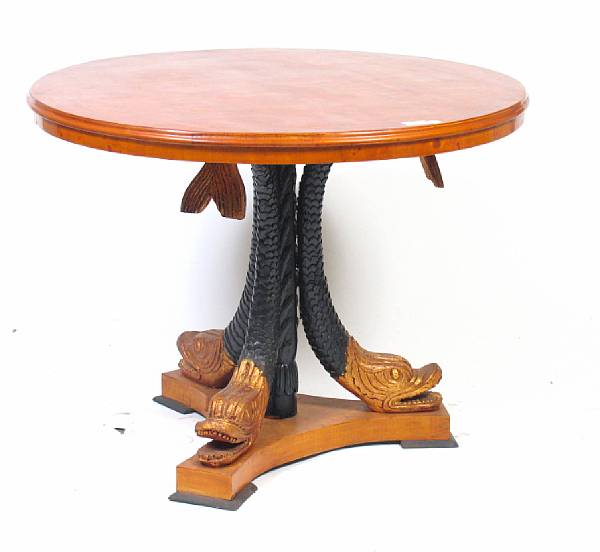 Appraisal: A Biedermeier style center table on dolphin supports height in