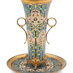 Appraisal: A French Brass and Champlev Enamel Vase and Attached Underplate