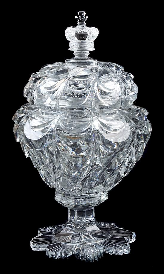 Appraisal: An Irish Cut Glass Urn with Cover Height inches An