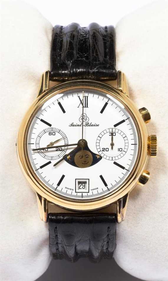 Appraisal: GENTLEMAN'S WRISTWATCH CHRONOGRAPH CLASSIQUE MOON PHASE SAINT-BLAISE Silver gold-plated Ref