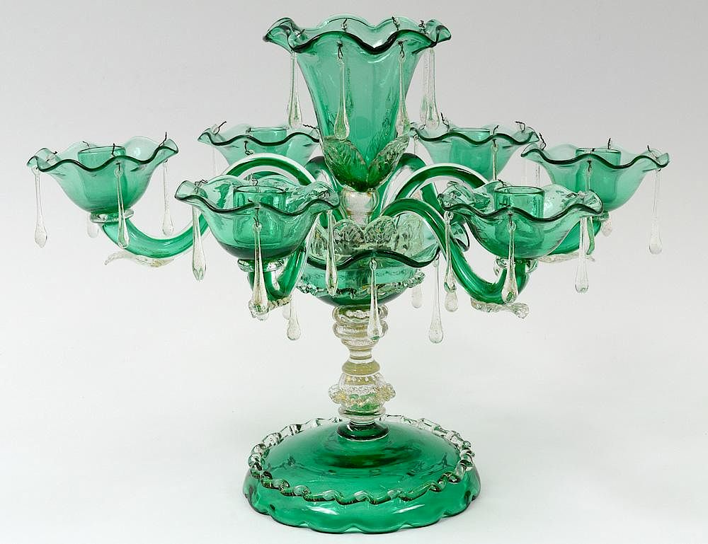 Appraisal: MURANO GREEN GLASS SIX LIGHT EPERGNE Italian Hung with tear