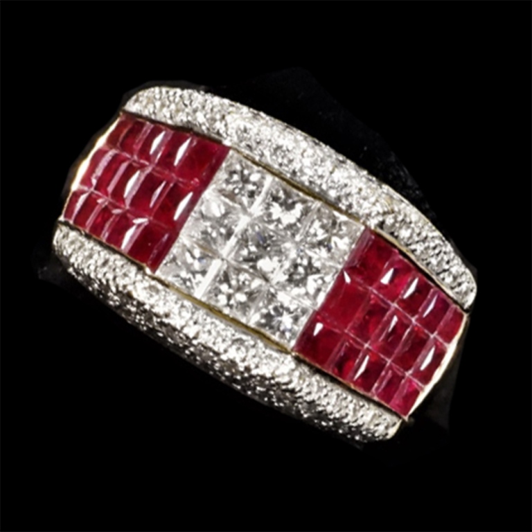 Appraisal: K GOLD DIAMOND RUBY RING Nine princess cut diamonds color