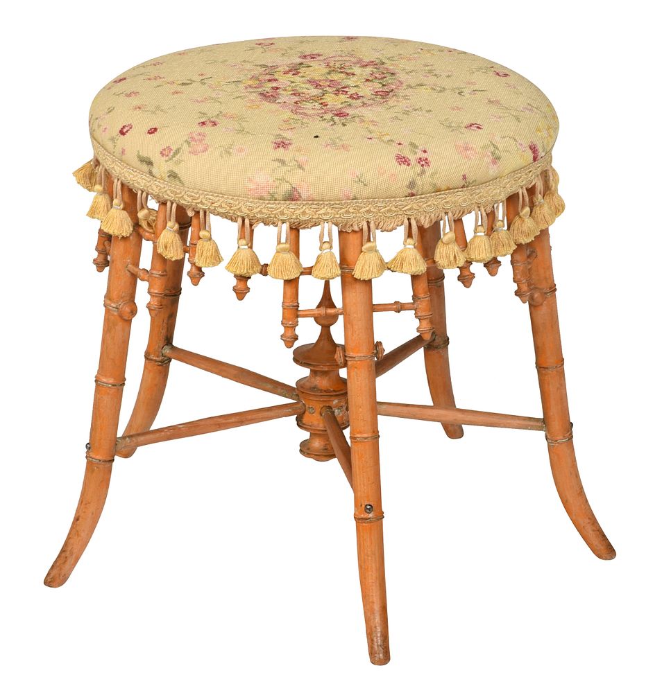 Appraisal: Victorian Faux Bamboo Upholstered Footstool th century circular top with