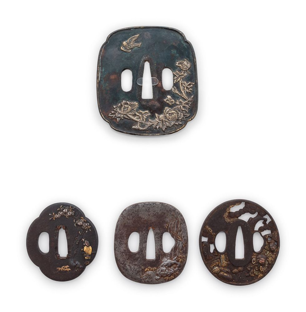 Appraisal: Four Inlaid Iron Tsuba Four Inlaid Iron Tsuba one signed