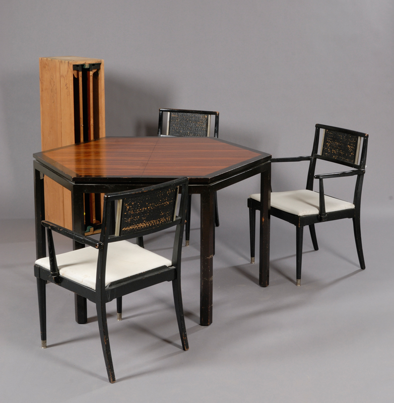 Appraisal: Dunbar Hexagonal Dining Table and Three Chairs Wood and cane