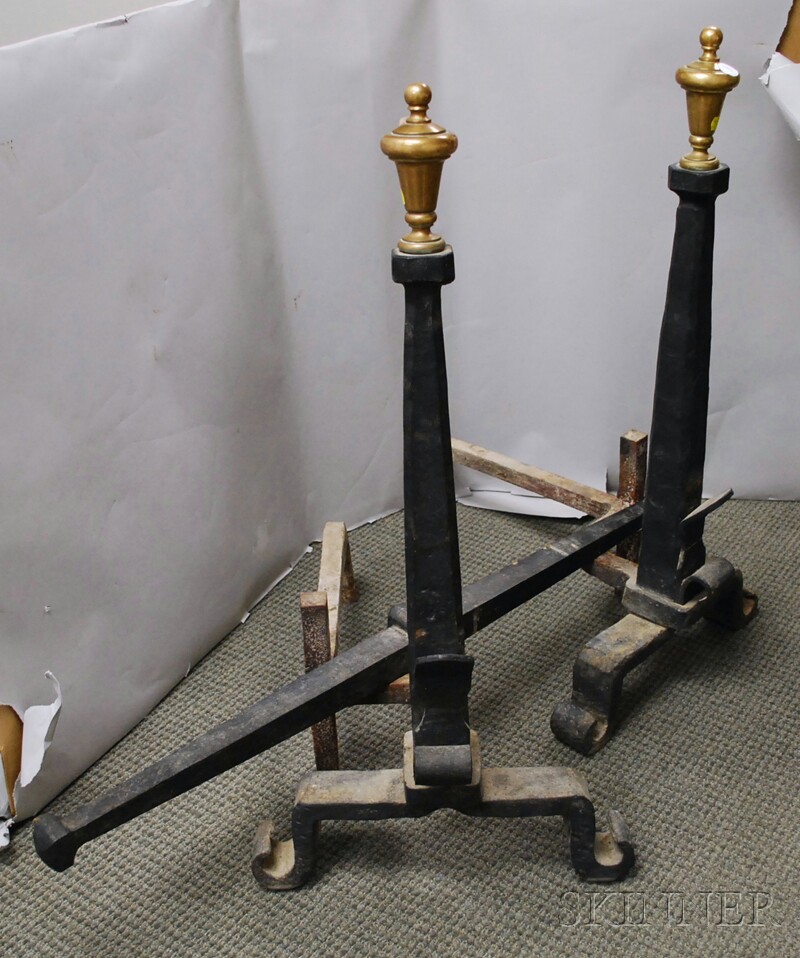 Appraisal: Pair of Large Bronze Urn-top Wrought Iron Andirons with Crossbar