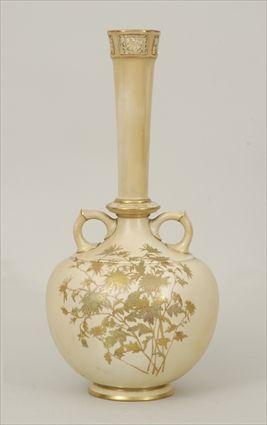 Appraisal: Royal Worcester Porcelain Cream-Ground Two-Handled Bottle-Form Vase in