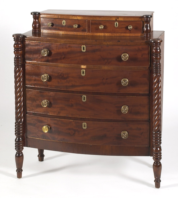 Appraisal: ANTIQUE AMERICAN SHERATON BOWFRONT STEPDOWN BUREAU Late th CenturyIn mahogany