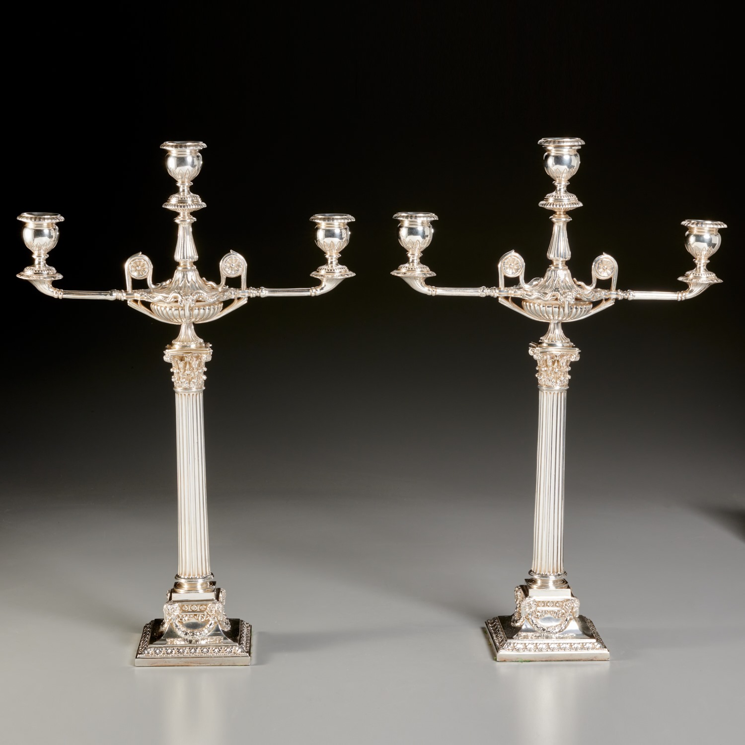 Appraisal: IMPRESSIVE PAIR ELKINGTON SILVERPLATE CANDELABRA Letter-dated England silver electroplated brass