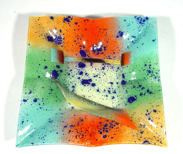 Appraisal: Contemporary square Art glass dish with moulded abstract multi coloured