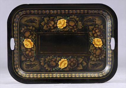 Appraisal: STENCILED BLACK-GROUND TOLE TRAY With gilt and brown flowerheads and