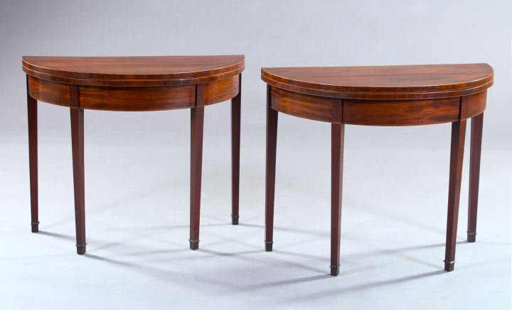 Appraisal: Fine Pair of Hepplewhite String-Inlaid Mahogany Fold-Over Demi-lune Tables first