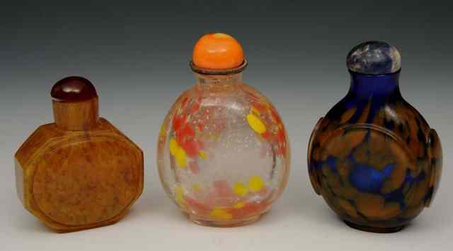 Appraisal: A CHINESE BEIJING BROWN GLASS SNUFF BOTTLE of hexagonal sided