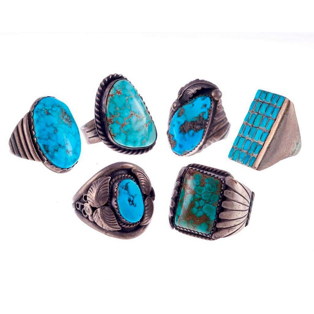 Appraisal: NAVAJO TURQUOISE RINGS Old Pawn Southwest jewelry consisting of a