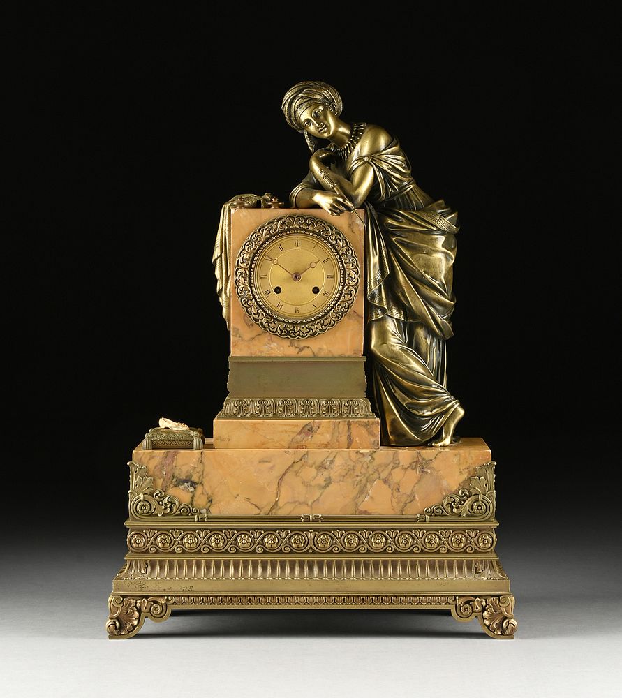 Appraisal: A RESTAURATION ORIENTALIST BRONZE MOUNTED SIENA MARBLE MANTLE CLOCK SECOND