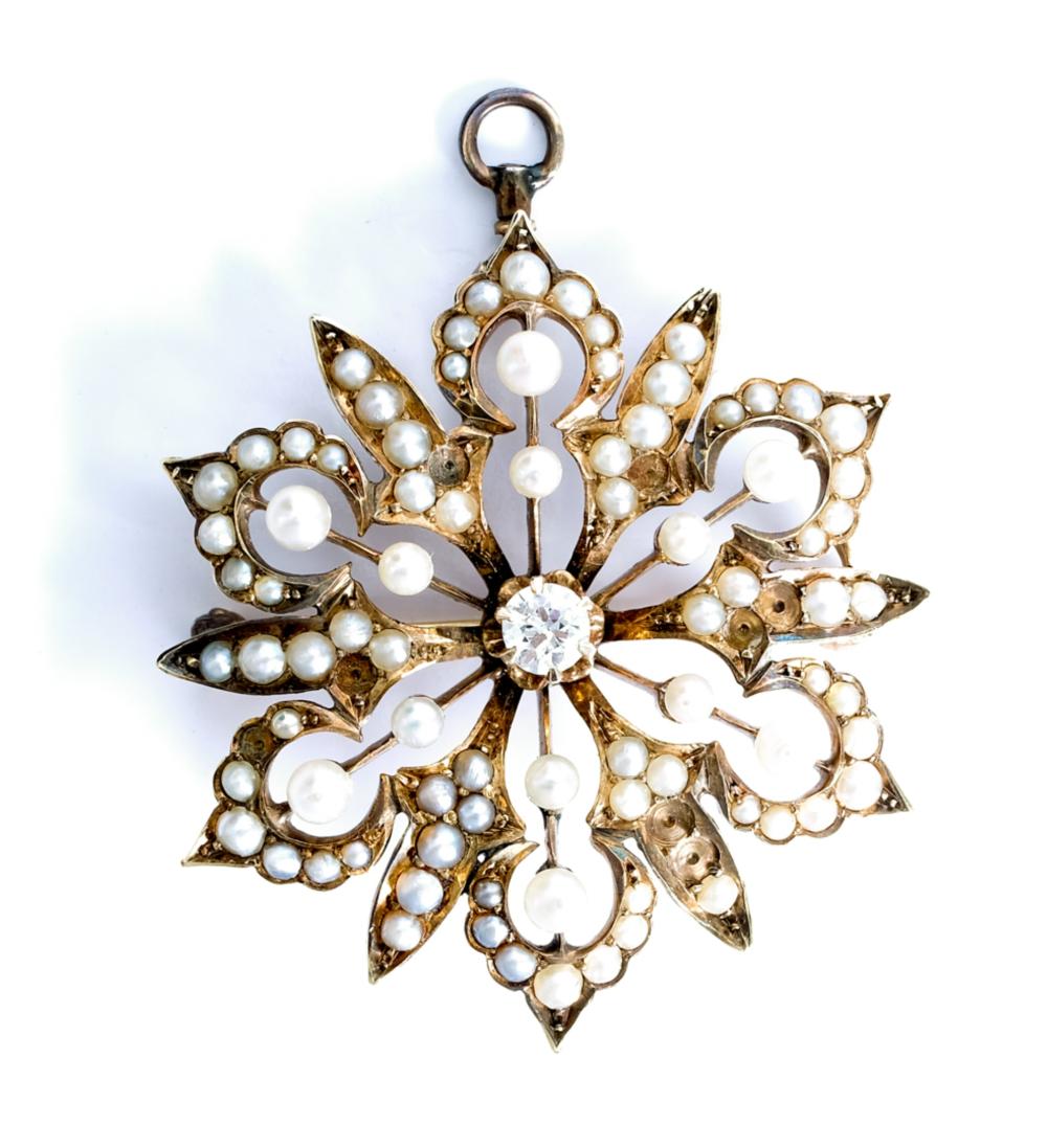 Appraisal: VINTAGE K YG PEARL DIAMOND BROOCH PENDANTVintage k yellow gold