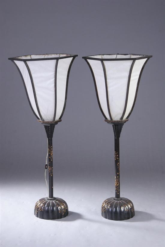 Appraisal: PAIR JAPANESE GILT BLACK LACQUER LAMPS AND SHADES Mon and