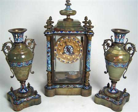 Appraisal: FRENCH ONYX AND CHAMPLEVE ENAMEL CLOCK GARNITURE EARLY TH CENTURY