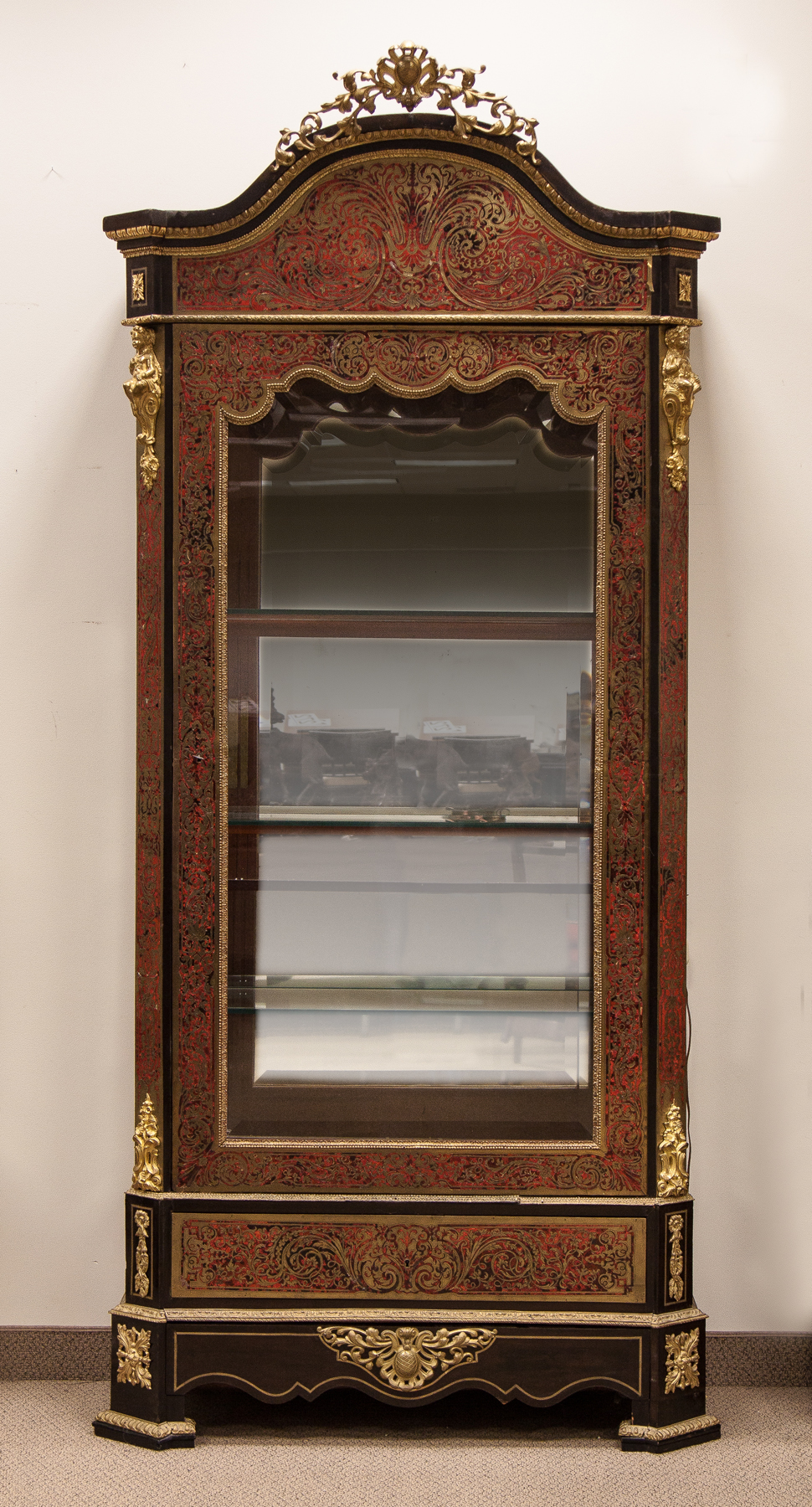 Appraisal: Boulle Display Cabinet with Beveled Glass th century Inlaid brass