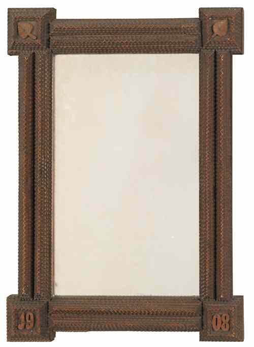 Appraisal: Chip carved tramp art mirror dated on lower corner blocks