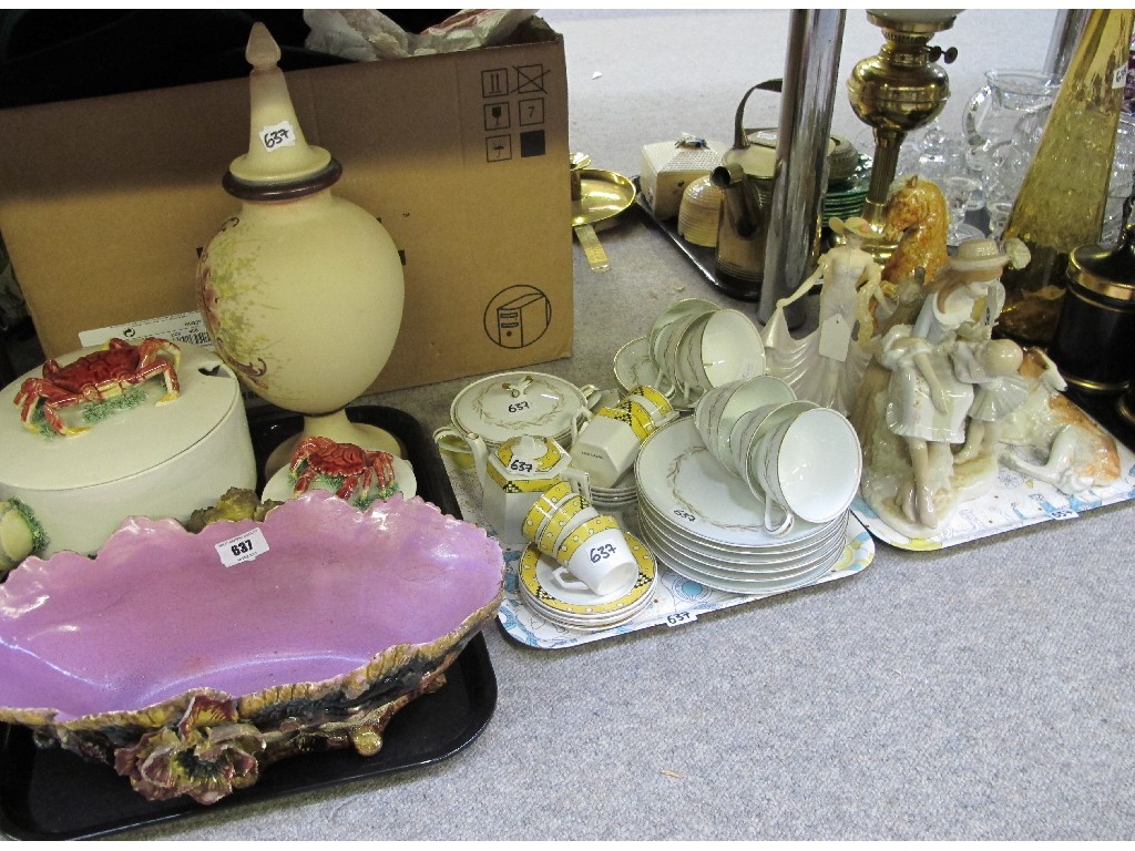 Appraisal: Three trays to include four figures teawares painted glass jar