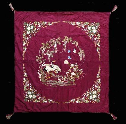 Appraisal: SILK EMBROIDERED WALL HANGING The purple silk background embroidered with