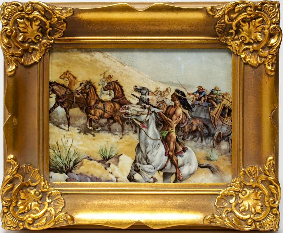 Appraisal: KPM Germany Porcelain Plaque Stagecoach Attack Antique KPM Germany transferware