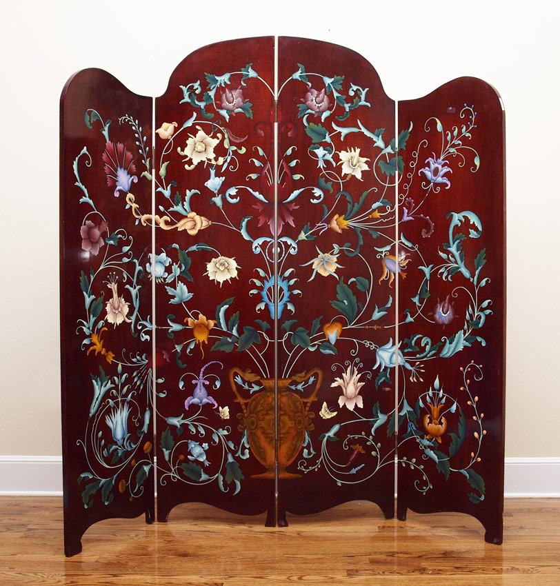 Appraisal: PAINT AND LACQUERED PANEL SCREEN Elaborate floral motif paint decoration