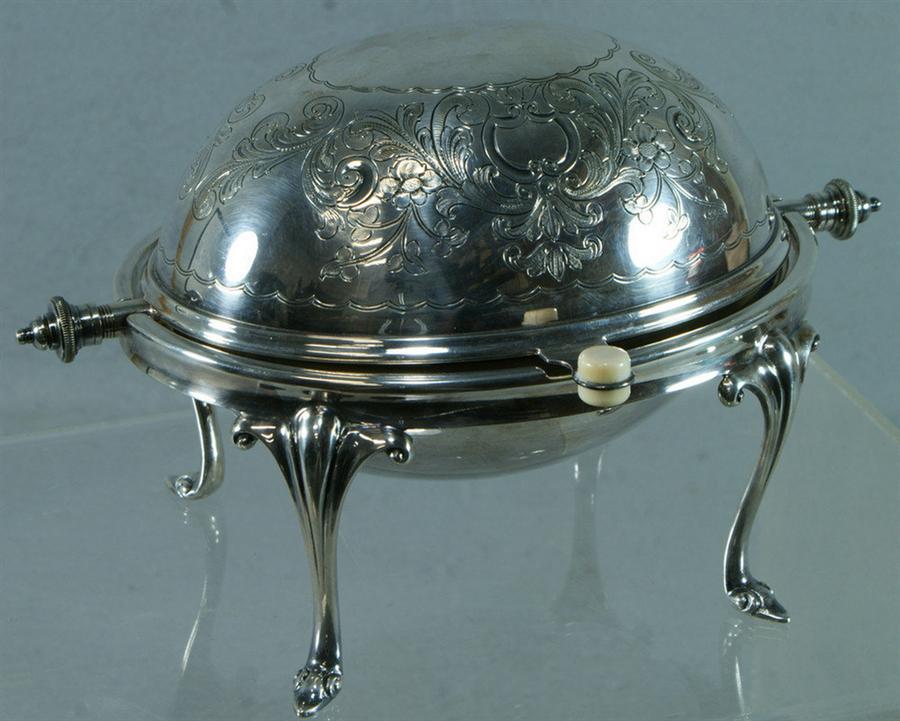 Appraisal: Plated silver butter dome with revolving lid engraved design with