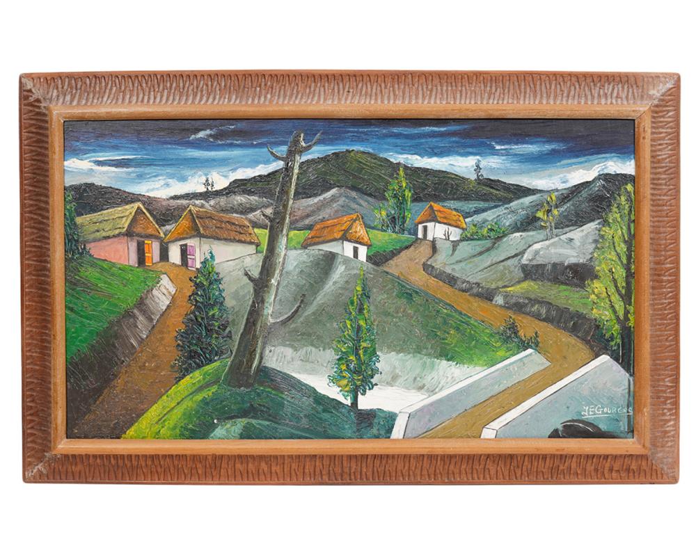 Appraisal: J E GOURGUE 'HOMES ON HILLSIDE' OIL ON BOARDJacques-Enguerrand Gourgue